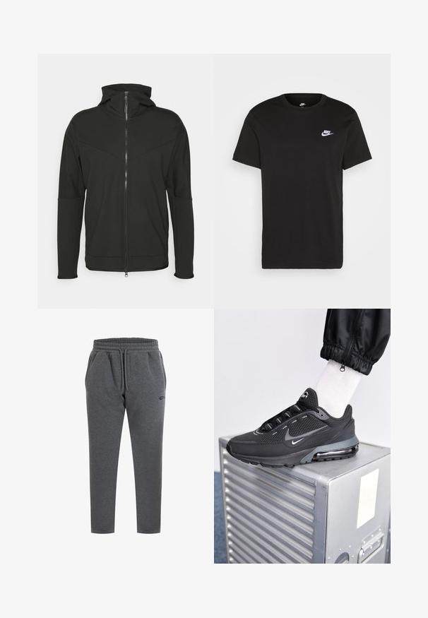 Schwarze Zip-up-Hoodie mit hohem Kragen, aus glattem Stoff gefertigt. Verfügt über ein diagonales Nahtdesign und ein dezentes Logo auf der Brust.; Schwarzes Baumwoll-T-Shirt mit kurzen Ärmeln, Rundhals und kleinem weißem Nike-Logo auf der oberen linken Brust. Glatte Textur. Klassische Passform.; Graue Baumwoll-Sweatpants mit elastischem Bund, Kordelzug, seitlichen Taschen und einem kleinen Logo am linken Oberschenkel. Schmal zulaufendes Bein-Design.; Nike Sportswear PULSE - Sneaker low - black/anthracite