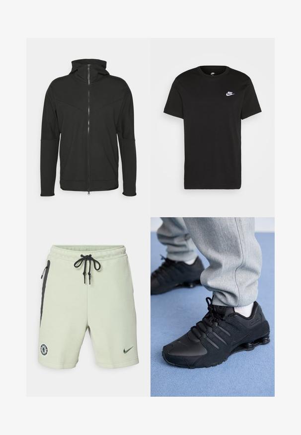 Schwarze Zip-up-Hoodie mit hohem Kragen, aus glattem Stoff gefertigt. Verfügt über ein diagonales Nahtdesign und ein dezentes Logo auf der Brust.; Schwarzes Baumwoll-T-Shirt mit kurzen Ärmeln, Rundhals und kleinem weißem Nike-Logo auf der oberen linken Brust. Glatte Textur. Klassische Passform.; Hellgrüne Sweatshorts mit schwarzen Akzenten, Kordelzugbund, Seitentaschen und gesticktem Chelsea FC-Logo. Hergestellt aus weichem Stoff.; Person in schwarzen Nike Shox Sneakers und grauen Jogginghosen, der auf einem hellblauen Teppich steht.