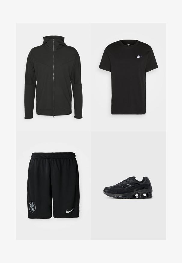 Black zip-up hoodie with a high collar, made from smooth fabric. Features a diagonal seam design and subtle logo on the chest.; Black cotton T-shirt with short sleeves, round neck, and a small white Nike logo on the upper left chest. Smooth texture. Classic fit.; Black athletic shorts made of lightweight fabric, featuring an elastic waistband, side slits, a white Nike logo, and a round CFC emblem.; Black athletic shoe with a mesh upper, padded collar, and prominent cushioning technology at the heel. Features textured accents and laces.