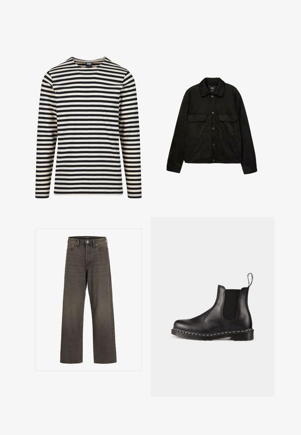 Schwarze Wildlederjacke mit Kragen, Druckknöpfen und zwei vorderen Taschen. Sie hat eine glatte Textur und ein einfaches, klassisches Design.; Langarm-Shirt mit Streifen in Creme und Schwarz, mit Rundhalsausschnitt und geradem Schnitt. Hergestellt aus weicher Baumwolle mit gleichmäßigen horizontalen Streifen.; Weite Jeans aus dunkelgrauem Denim mit hoher Taille, klassischem Fünf-Taschen-Design und kontrastierendem Stepp entlang der Nähte.; Schwarze Leder-Chelsea-Stiefel mit elastischen Seitenpaneelen, abgerundeter Zehenpartie, Ziehschlaufe, weißer Naht an der Sohle und strukturiertem Gummiaußensohle.
