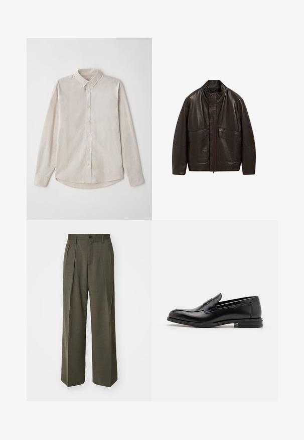 Bruine leren jas met een hoge kraag, ritssluiting en twee grote zijzakken; heeft een gladde textuur en een ontspannen pasvorm.; Reiss Trui - dark bordeaux; Lichtbeige langemouwen shirt van zachte stof. Voorzien van een kraag met knopen en een centrale knoopsluiting met een gebogen zoom.; Filippa K WIDE TROUSERS - Broek - driftwood; Zwarte leren instappers met een gladde textuur, ronde neus en een decoratieve band over de wreef. Lage, gestapelde hak en minimalistisch ontwerp.