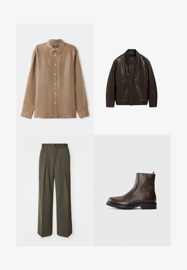 Bruine leren jas met een hoge kraag, ritssluiting en twee grote zijzakken; heeft een gladde textuur en een ontspannen pasvorm.; Reiss Trui - dark bordeaux; Bruine langemouwshirt van een lichtgewicht, gestructureerde stof, met een kraag en knoopsluiting met contrasterende knopen. Ontwerp met een relaxte pasvorm.; Filippa K WIDE TROUSERS - Broek - driftwood; Bruine leren enkelboot met een gladde textuur, elastische zijpanelen, een trekband aan de achterkant en een robuuste rubberen zool.