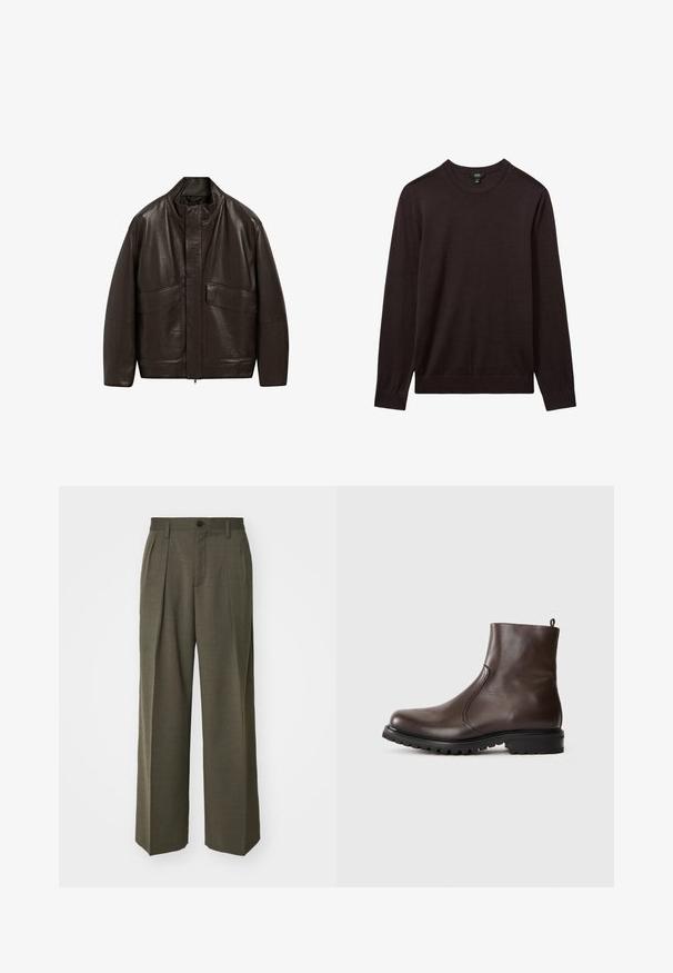 Hnědá kožená bunda s vysokým límcem, zipovým zapínáním a dvěma velkými předními kapsami; má hladkou texturu a volný střih.; Reiss Svetr - dark bordeaux; Filippa K WIDE TROUSERS - Kalhoty - driftwood; Hnědé kožené kotníkové boty s hladkým povrchem, elastickými postranními panely, poutkem na zadní straně a robustní gumovou podrážkou.
