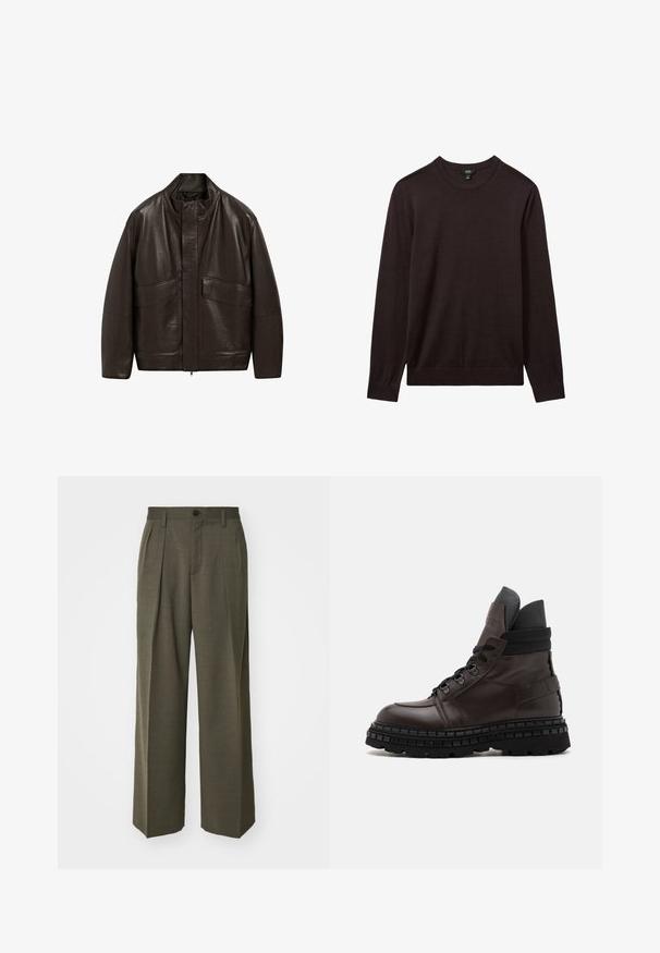 Giubbotto in pelle marrone con colletto alto, chiusura a zip e due grandi tasche frontali; presenta una texture liscia e un design dalla vestibilità comoda.; Reiss Maglione - dark bordeaux; Filippa K WIDE TROUSERS - Pantaloni - driftwood; Stivale da combattimento in pelle marrone con caviglia alta, punta rotonda, suola in gomma nera con battistrada spesso e accenti in tessuto nero sul colletto.