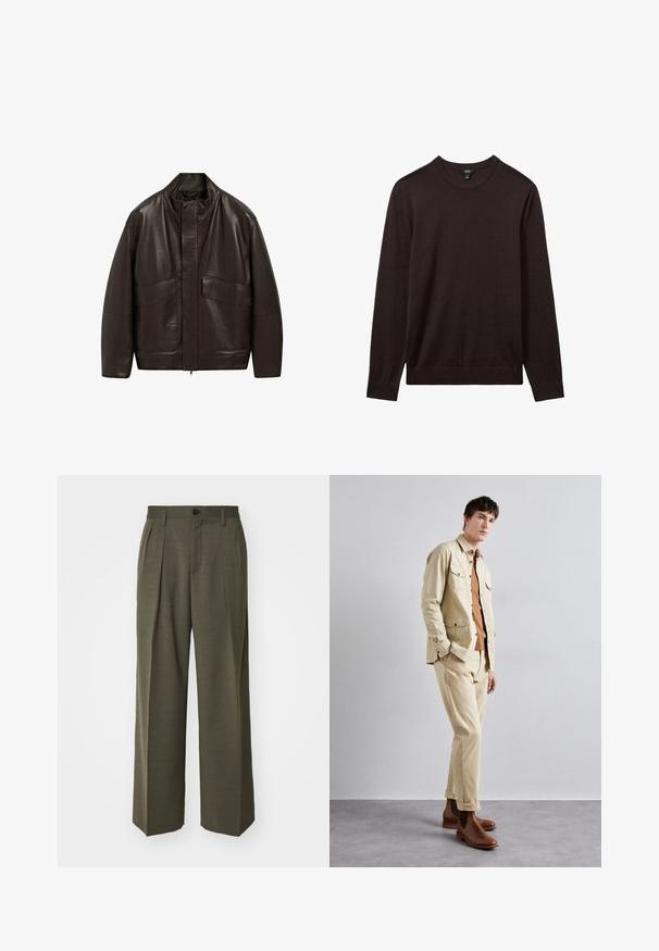 Giubbotto in pelle marrone con colletto alto, chiusura a zip e due grandi tasche frontali; presenta una texture liscia e un design dalla vestibilità comoda.; Reiss Maglione - dark bordeaux; Filippa K WIDE TROUSERS - Pantaloni - driftwood; Giacca di cotone beige con due tasche sul petto, indossata su una camicia marrone e pantaloni beige coordinati. Stivaletti in pelle marrone completano l'outfit.