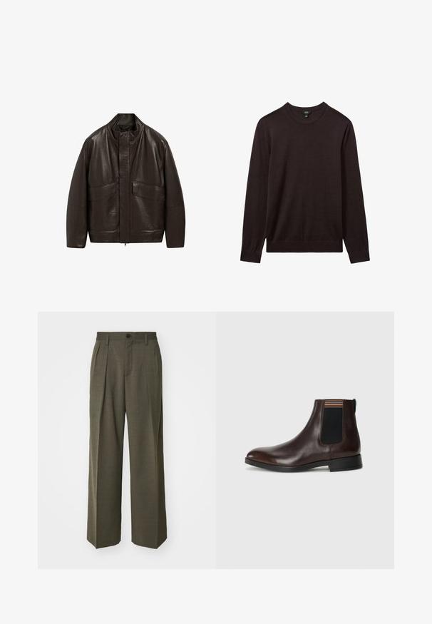Hnědá kožená bunda s vysokým límcem, zipovým zapínáním a dvěma velkými předními kapsami; má hladkou texturu a volný střih.; Reiss Svetr - dark bordeaux; Filippa K WIDE TROUSERS - Kalhoty - driftwood; Hnědé kožené Chelsea boty s hladkým povrchem, elastanovými bočními panely a vícebarevným pruhovaným akcentem na vrchu. Zaoblená špička a černá podrážka.