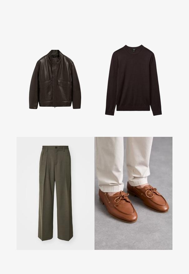 Giubbotto in pelle marrone con colletto alto, chiusura a zip e due grandi tasche frontali; presenta una texture liscia e un design dalla vestibilità comoda.; Reiss Maglione - dark bordeaux; Filippa K WIDE TROUSERS - Pantaloni - driftwood; Bally PATHY - Stringate - deserto