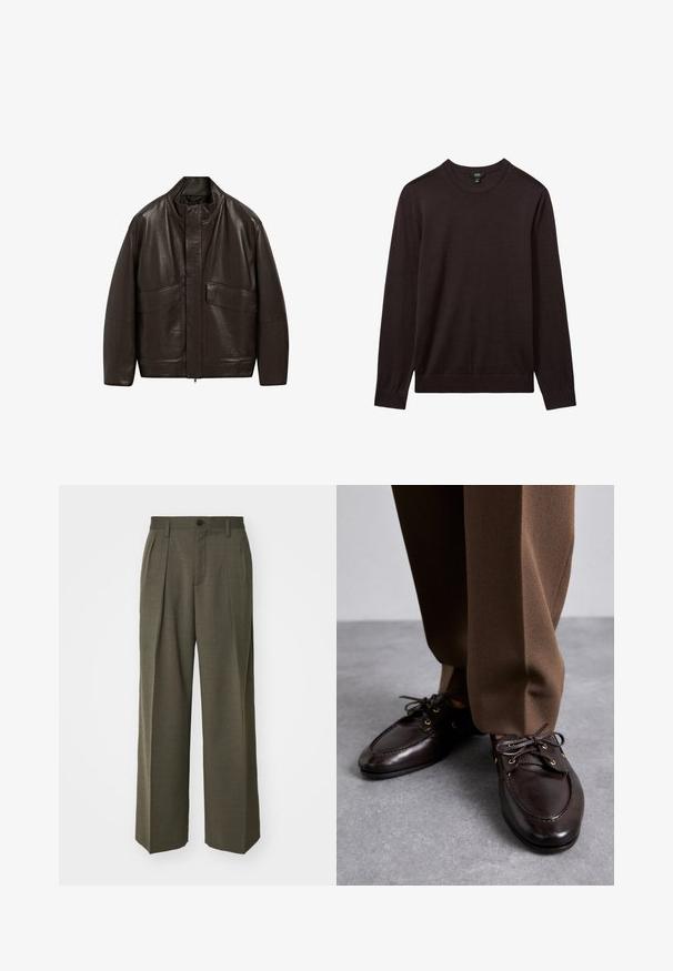 Veste en cuir marron avec un col haut, fermeture éclair et deux grandes poches avant ; présente une texture lisse et un design décontracté.; Reiss Pullover - dark bordeaux; Filippa K WIDE TROUSERS - Pantalon classique - driftwood; Bally PATHY - Derbies - ebano