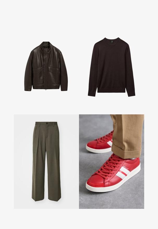 Brown leather jacket with a high collar, zip closure, and two large front pockets; features a smooth texture and relaxed fit design.; Reiss Jumper - dark bordeaux; Filippa K WIDE TROUSERS - Trousers - driftwood; Bally TENNIS THIAGO - Trainers - candy red/white