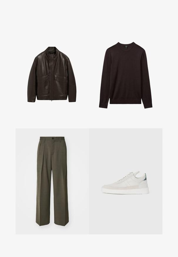 Braune Lederjacke mit hohem Kragen, Reißverschluss und zwei großen Fronttaschen; zeichnet sich durch eine glatte Textur und einen lässigen Schnitt aus.; Reiss Strickpullover - dark bordeaux; Filippa K WIDE TROUSERS - Stoffhose - driftwood; Weiße Leder-Sneaker mit grauen Wildleder-Akzenten, Schnürdesign, Zuglasche und strukturiertem Gummisohle mit Zickzackmuster.