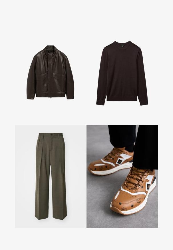 Brun läderjacka med hög krage, dragkedjestängning och två stora framfickor; har en slät yta och en avslappnad passform.; Reiss Stickad tröja - dark bordeaux; Filippa K WIDE TROUSERS - Tygbyxor - driftwood; Bruna lädersneakers med vita detaljer, texturerade mönster och gulddetaljer; tjock vit sula; rund tå och snörning.