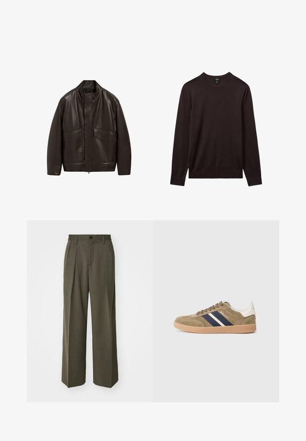 Hnědá kožená bunda s vysokým límcem, zipovým zapínáním a dvěma velkými předními kapsami; má hladkou texturu a volný střih.; Reiss Svetr - dark bordeaux; Filippa K WIDE TROUSERS - Kalhoty - driftwood; Olivezové semišové tenisky s námořnickými a bílými pruhy, béžovou gumovou podrážkou, kulatou špičkou a šněrováním. Název značky "BALLY" na boku.