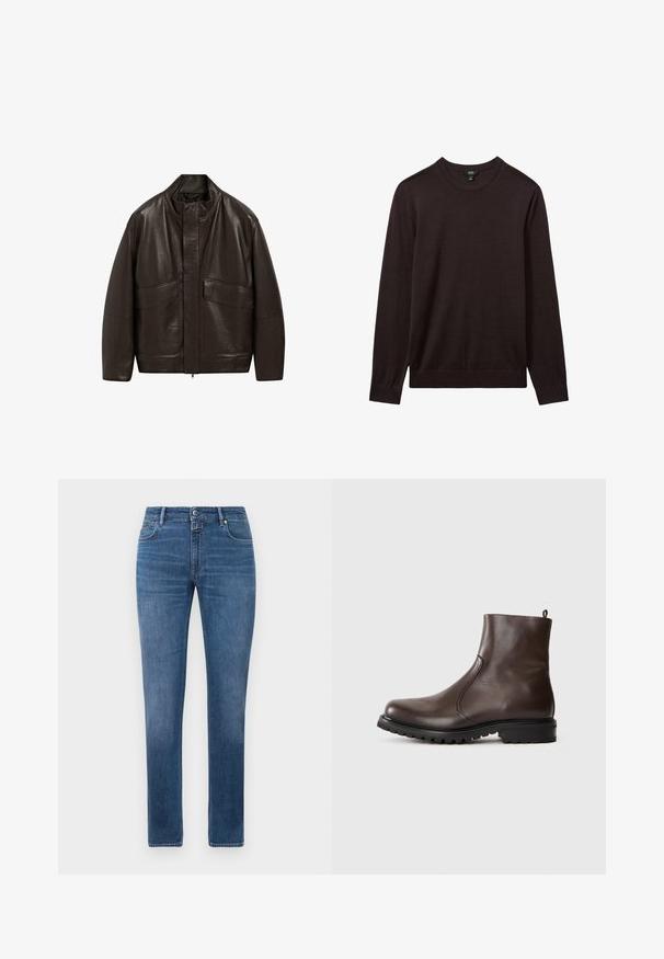 Braune Lederjacke mit hohem Kragen, Reißverschluss und zwei großen Fronttaschen; zeichnet sich durch eine glatte Textur und einen lässigen Schnitt aus.; Reiss Strickpullover - dark bordeaux; Gerade geschnittene blaue Denim-Jeans mit vorderem Knopf, Reißverschluss und fünf Taschen, auf einem weißen Hintergrund präsentiert.; Braune Leder-Stiefeletten mit glatter Textur, elastischen seitlichen Einsätzen, einer Schlaufe hinten und einer robusten Gummisohle.