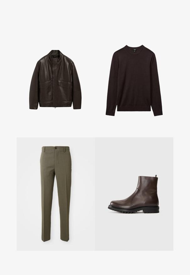 Brązowa skórzana kurtka z wysokim kołnierzem, zapięciem na zamek i dwiema dużymi kieszeniami z przodu; charakteryzuje się gładką fakturą i luźnym krojem.; Reiss - Sweter; Spodnie w kolorze oliwkowym, elegancko skrojone, o gładkiej fakturze, prostej nogawce, z jednym guzikiem z przodu i bocznymi kieszeniami dla większej funkcjonalności.; Brązowe skórzane botki za kostkę o gładkiej powierzchni, z elastycznymi bocznymi panelami, pętelką z tyłu oraz wytrzymałą gumową podeszwą.
