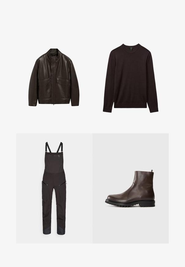 Bruine leren jas met een hoge kraag, ritssluiting en twee grote zijzakken; heeft een gladde textuur en een ontspannen pasvorm.; Reiss Trui - dark bordeaux; Zwarte bretels met verstelbare banden, een ritsvak aan de voorkant en zijzakken. Heeft een versterkt onderbeen met een contrasterende textuur.; Bruine leren enkelboot met een gladde textuur, elastische zijpanelen, een trekband aan de achterkant en een robuuste rubberen zool.