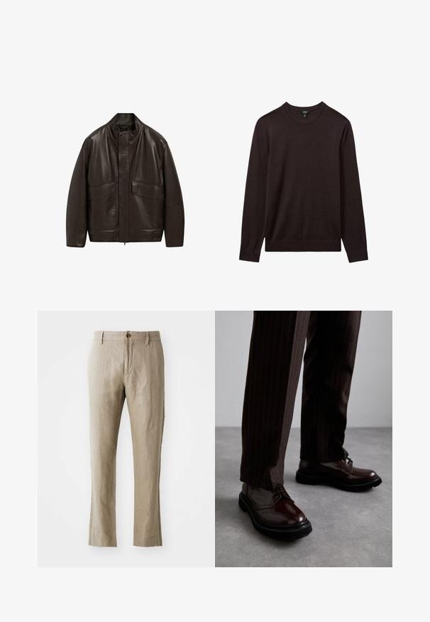 Hnědá kožená bunda s vysokým límcem, zipovým zapínáním a dvěma velkými předními kapsami; má hladkou texturu a volný střih.; Reiss Svetr - dark bordeaux; Béžové lněné kalhoty se straight střihem, s předním zapínáním na knoflík a hladkou texturou. Žádné viditelné vzory nebo akcenty.; Hnědé kožené šněrovací boty s lesklým povrchem, černou gumovou podrážkou a jemným štepováním. Nosené s hnědými pruhovanými kalhotami.
