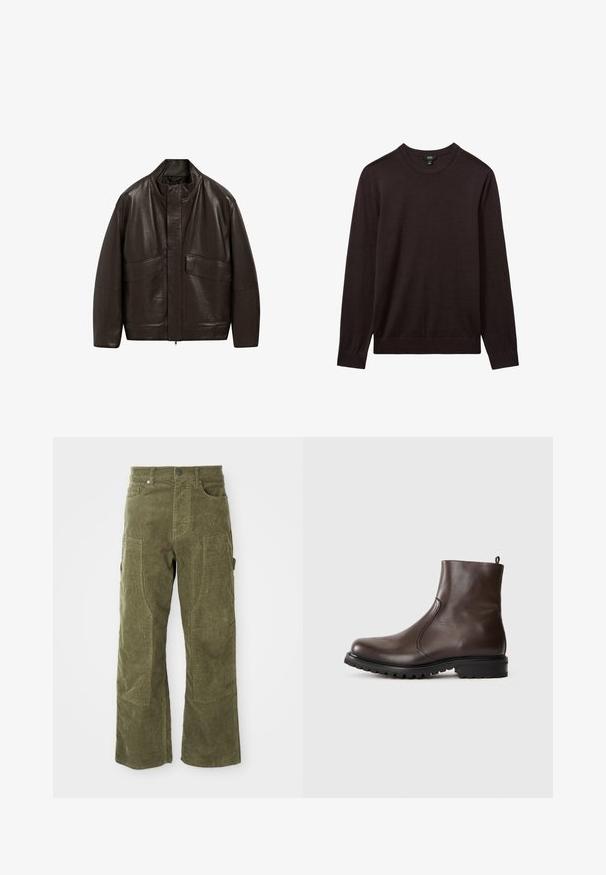 Hnědá kožená bunda s vysokým límcem, zipovým zapínáním a dvěma velkými předními kapsami; má hladkou texturu a volný střih.; Reiss Svetr - dark bordeaux; Oliveově zelené sametové kalhoty s předními a bočními kapsami, vyztuženými koleny a zapínáním na knoflík a zip.; Hnědé kožené kotníkové boty s hladkým povrchem, elastickými postranními panely, poutkem na zadní straně a robustní gumovou podrážkou.