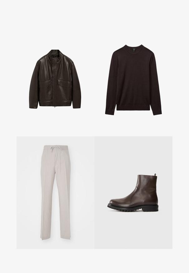 Hnědá kožená bunda s vysokým límcem, zipovým zapínáním a dvěma velkými předními kapsami; má hladkou texturu a volný střih.; Reiss Svetr - dark bordeaux; Světle béžové kalhoty s vertikálními tenkými pruhy, vybavené elastickým pasem a stahovací šňůrkou. Měkká tkanina, rovný střih.; Hnědé kožené kotníkové boty s hladkým povrchem, elastickými postranními panely, poutkem na zadní straně a robustní gumovou podrážkou.
