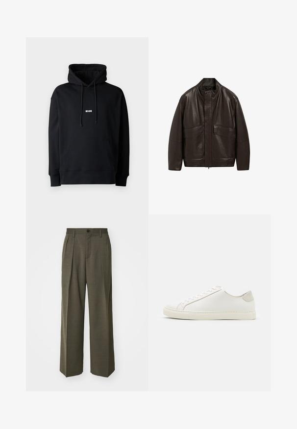 Hnědá kožená bunda s vysokým límcem, zipovým zapínáním a dvěma velkými předními kapsami; má hladkou texturu a volný střih.; Černá mikina s kapucí na šňůrku, přední kapsou, žebrovanými manžetami a spodním lemem, s malým bílým logem "MSGM" na hrudi.; Filippa K WIDE TROUSERS - Kalhoty - driftwood; Bílé kožené tenisky s hladkým povrchem, kulatou špičkou a minimalistickým designem. Disponují béžovými akcenty na patě a gumovou podešví.