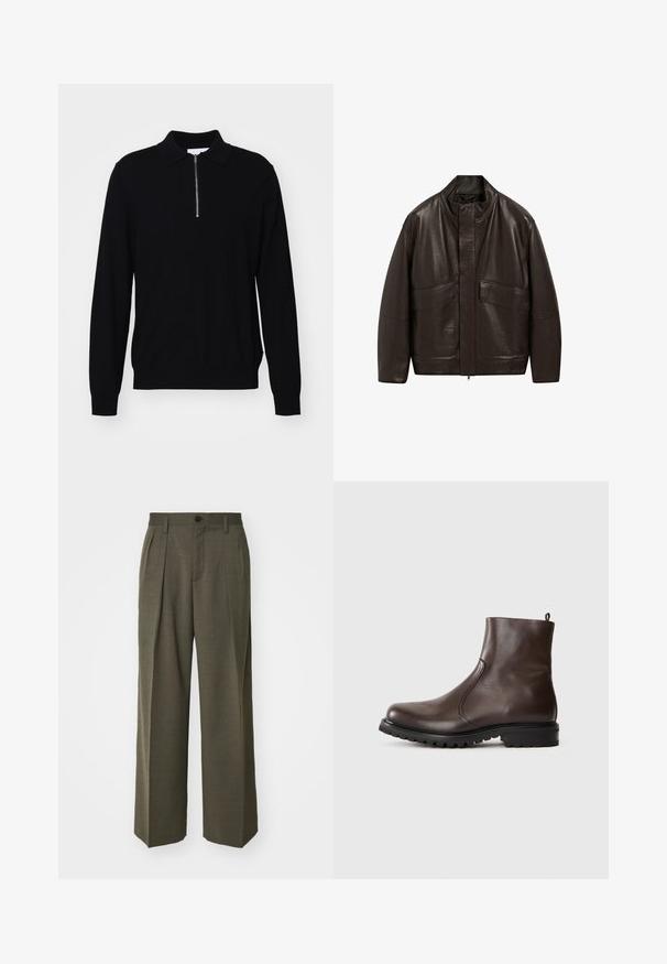 Giubbotto in pelle marrone con colletto alto, chiusura a zip e due grandi tasche frontali; presenta una texture liscia e un design dalla vestibilità comoda.; Pullover lungo nero a maniche lunghe con colletto a zip, realizzato in tessuto lavorato a maglia. Presenta un design aderente e polsini e orlo a coste.; Filippa K WIDE TROUSERS - Pantaloni - driftwood; Stivale alla caviglia in pelle marrone con una texture liscia, pannelli laterali elasticizzati, linguetta sul retro e suola in gomma robusta.