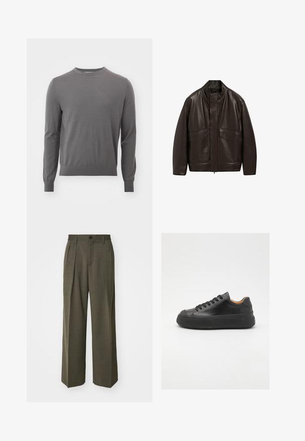 Giubbotto in pelle marrone con colletto alto, chiusura a zip e due grandi tasche frontali; presenta una texture liscia e un design dalla vestibilità comoda.; Tiger of Sweden CONNOR - Maglione - pavement; Filippa K WIDE TROUSERS - Pantaloni - driftwood; Sneaker in pelle nera con punta tonda, allacciatura frontale, superficie liscia, suola in gomma spessa e interno a contrasto color nocciola.