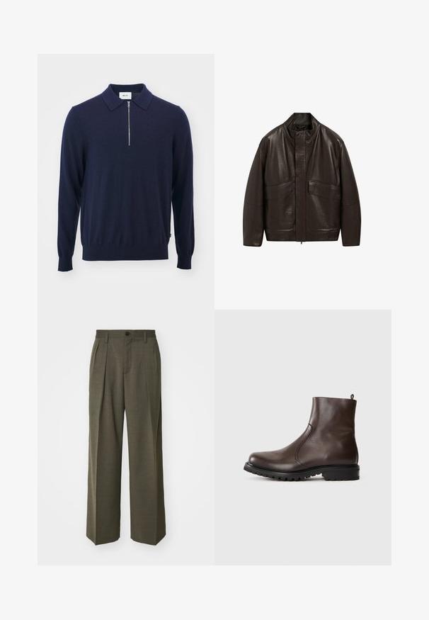 Bruine leren jas met een hoge kraag, ritssluiting en twee grote zijzakken; heeft een gladde textuur en een ontspannen pasvorm.; Navyblauwe gebreide pullover met een kraagontwerp, voorzien van een rits tot de helft en geribde manchetten, gemaakt van zacht, soepel materiaal.; Filippa K WIDE TROUSERS - Broek - driftwood; Bruine leren enkelboot met een gladde textuur, elastische zijpanelen, een trekband aan de achterkant en een robuuste rubberen zool.