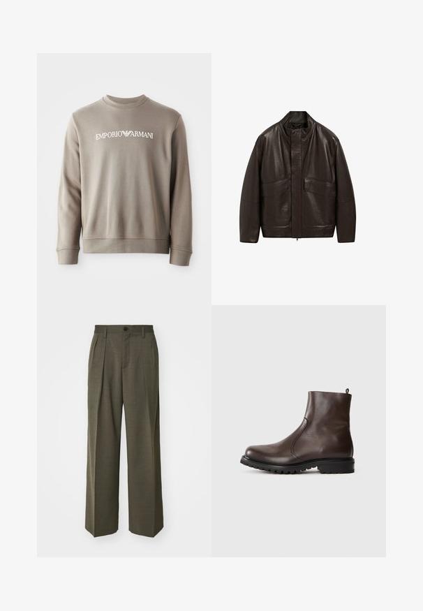 Hnědá kožená bunda s vysokým límcem, zipovým zapínáním a dvěma velkými předními kapsami; má hladkou texturu a volný střih.; Šedá bavlněná mikina s žebrovanými manžetami a výstřihem. Na hrudi se nachází bílé logo "EMPORIO ARMANI". Měkká textura a jednoduchý design.; Filippa K WIDE TROUSERS - Kalhoty - driftwood; Hnědé kožené kotníkové boty s hladkým povrchem, elastickými postranními panely, poutkem na zadní straně a robustní gumovou podrážkou.