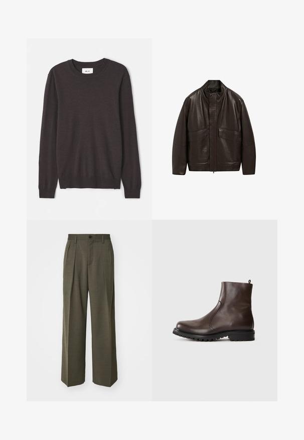 Brown leather jacket with a high collar, zip closure, and two large front pockets; features a smooth texture and relaxed fit design.; Dark brown knit sweater with a rounded neckline, long sleeves, ribbed cuffs and hem, smooth texture, and minimal branding label.; Filippa K WIDE TROUSERS - Trousers - driftwood; Brown leather ankle boot with a smooth texture, elastic side panels, pull tab at the back, and a rugged rubber sole.