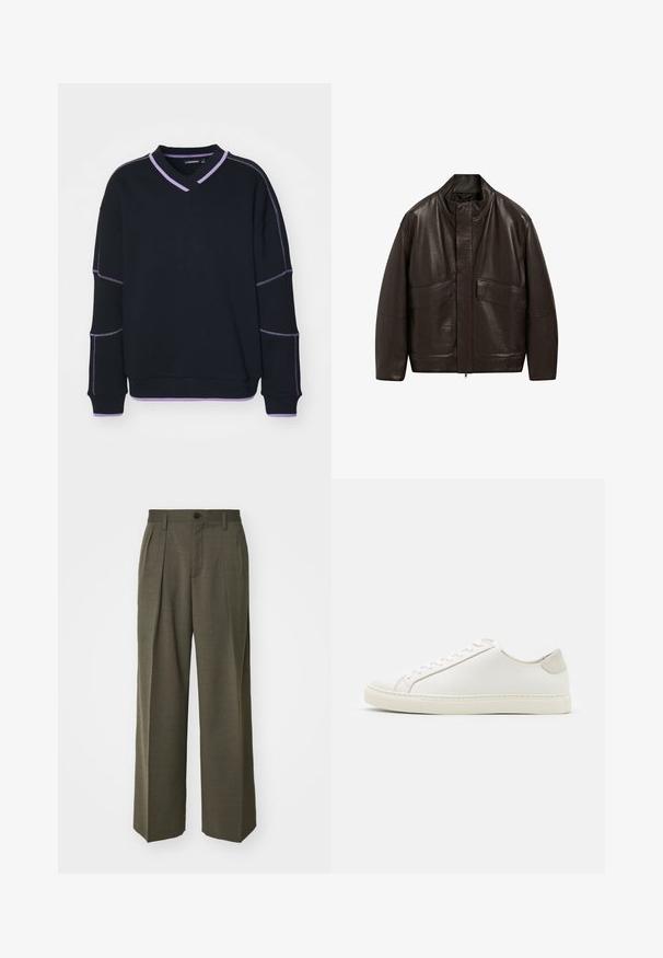 Giubbotto in pelle marrone con colletto alto, chiusura a zip e due grandi tasche frontali; presenta una texture liscia e un design dalla vestibilità comoda.; Felpa nera con scollo a V, con accenti a costine viola sul colletto e sui polsini. Realizzata in tessuto morbido con una vestibilità comoda.; Filippa K WIDE TROUSERS - Pantaloni - driftwood; Sneaker bianca in pelle con superficie liscia, punta rotonda e design minimalista. Presenta dettagli beige sul tallone e una suola in gomma.