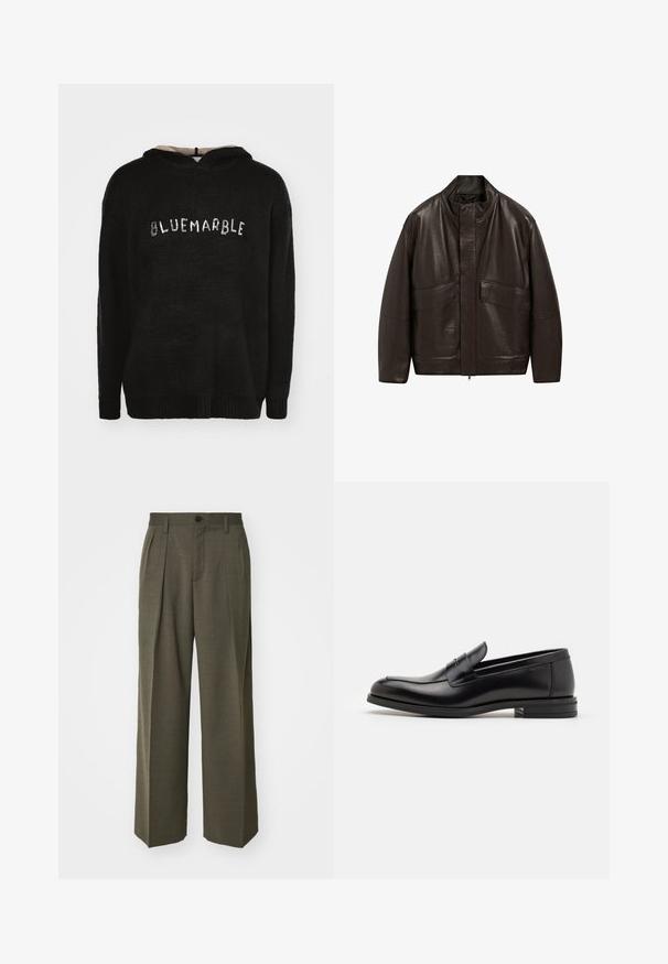 Brązowa skórzana kurtka z wysokim kołnierzem, zapięciem na zamek i dwiema dużymi kieszeniami z przodu; charakteryzuje się gładką fakturą i luźnym krojem.; Czarna bluza z kapturem wykonana z teksturowanej tkaniny z prążkowanym dołem. Posiada napis "BLUEMARBLE" z przodu w kontrastowym materiale.; Filippa K - Spodnie materiałowe; Czarne skórzane mokasyny o gładkiej fakturze, zaokrąglonym nosku i dekoracyjnym pasku na przodzie. Niski, warstwowy obcas, minimalistyczny design.