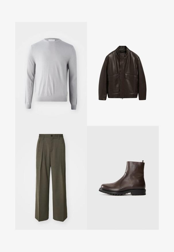 Bruine leren jas met een hoge kraag, ritssluiting en twee grote zijzakken; heeft een gladde textuur en een ontspannen pasvorm.; Lichtgrijze lange mouw trui met een ronde halslijn, gemaakt van zacht materiaal, met een gladde textuur en geribde manchetten en onderrand.; Filippa K WIDE TROUSERS - Broek - driftwood; Bruine leren enkelboot met een gladde textuur, elastische zijpanelen, een trekband aan de achterkant en een robuuste rubberen zool.