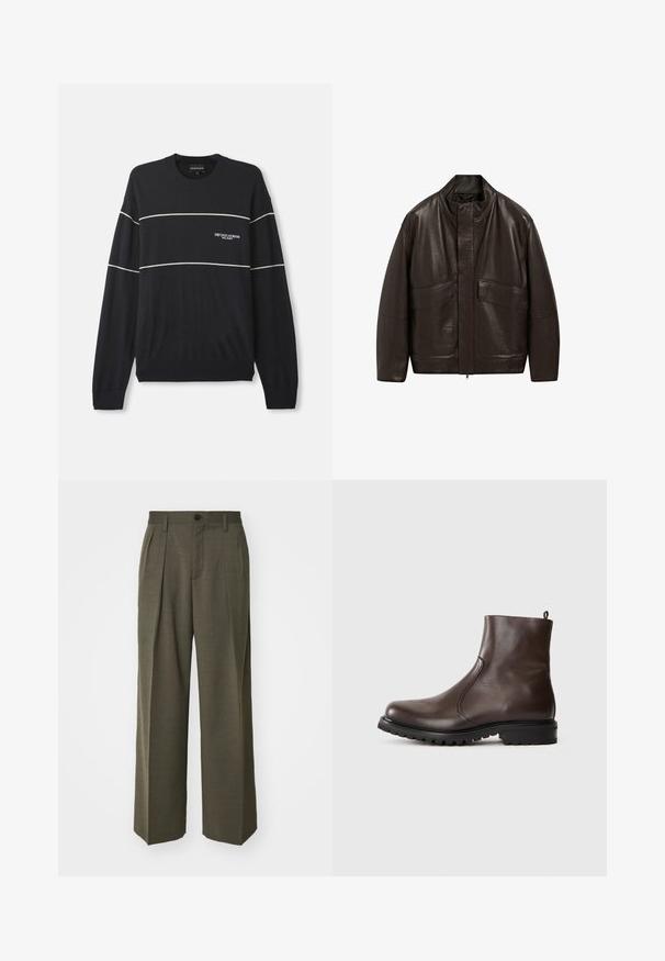 Hnědá kožená bunda s vysokým límcem, zipovým zapínáním a dvěma velkými předními kapsami; má hladkou texturu a volný střih.; Navy pletený svetr s dlouhými rukávy, s bílými vodorovnými pruhy a logem na levém hrudníku. Hladký lem a manžety.; Filippa K WIDE TROUSERS - Kalhoty - driftwood; Hnědé kožené kotníkové boty s hladkým povrchem, elastickými postranními panely, poutkem na zadní straně a robustní gumovou podrážkou.