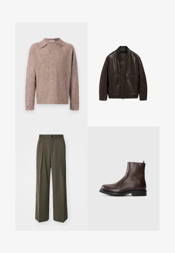 Giubbotto in pelle marrone con colletto alto, chiusura a zip e due grandi tasche frontali; presenta una texture liscia e un design dalla vestibilità comoda.; Maglione marrone lavorato a maglia con scollo a V e colletto a punta. Presenta un motivo a diamante e maniche lunghe, realizzato in un morbido tessuto testurizzato.; Filippa K WIDE TROUSERS - Pantaloni - driftwood; Stivale alla caviglia in pelle marrone con una texture liscia, pannelli laterali elasticizzati, linguetta sul retro e suola in gomma robusta.