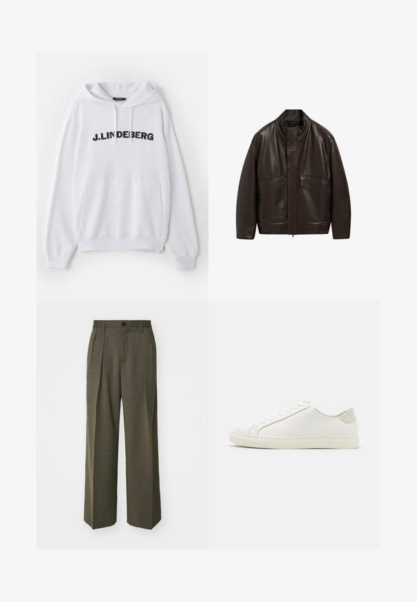 Braune Lederjacke mit hohem Kragen, Reißverschluss und zwei großen Fronttaschen; zeichnet sich durch eine glatte Textur und einen lässigen Schnitt aus.; Weißer Hoodie mit einer vorderen Tasche, Kapuze mit Kordelzug und auffälligem schwarzen Text "J. LINDEBERG" über der Brust. Weicher Stoff.; Filippa K WIDE TROUSERS - Stoffhose - driftwood; Weiße Leder Sneakers mit glatter Oberfläche, runder Zehenform und minimalistischem Design. Mit beigen Akzenten an der Ferse und einer Gummisohle.