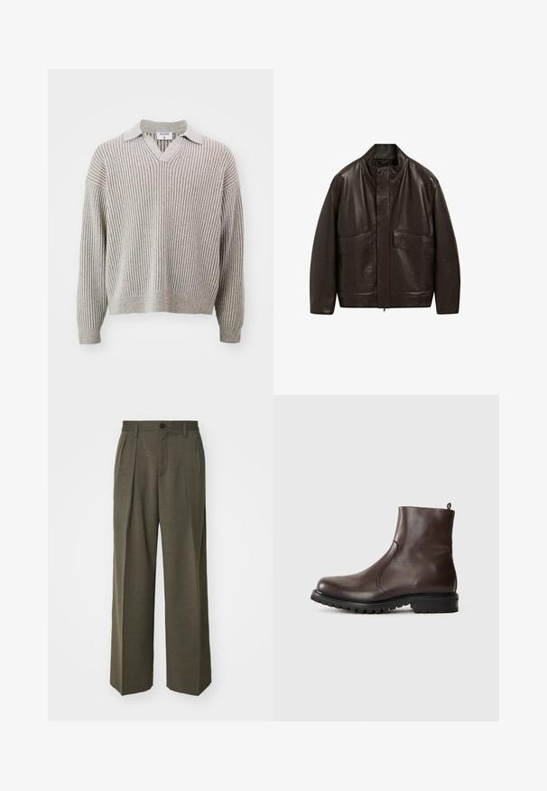 Braune Lederjacke mit hohem Kragen, Reißverschluss und zwei großen Fronttaschen; zeichnet sich durch eine glatte Textur und einen lässigen Schnitt aus.; Filippa K Strickpullover - beige/white; Filippa K WIDE TROUSERS - Stoffhose - driftwood; Braune Leder-Stiefeletten mit glatter Textur, elastischen seitlichen Einsätzen, einer Schlaufe hinten und einer robusten Gummisohle.