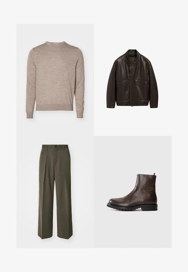 Giubbotto in pelle marrone con colletto alto, chiusura a zip e due grandi tasche frontali; presenta una texture liscia e un design dalla vestibilità comoda.; Tiger of Sweden CONNOR - Maglione - beige melange; Filippa K WIDE TROUSERS - Pantaloni - driftwood; Stivale alla caviglia in pelle marrone con una texture liscia, pannelli laterali elasticizzati, linguetta sul retro e suola in gomma robusta.
