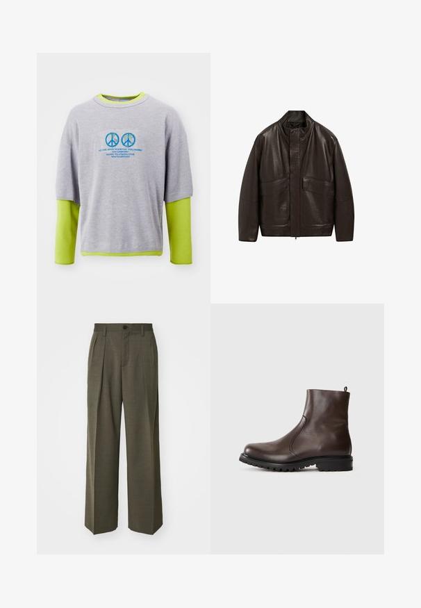 Giubbotto in pelle marrone con colletto alto, chiusura a zip e due grandi tasche frontali; presenta una texture liscia e un design dalla vestibilità comoda.; Felpa grigia in cotone con un interno verde brillante, caratterizzata da simboli di pace blu e stampa di testo sul davanti. Maniche corte, vestibilità rilassata.; Filippa K WIDE TROUSERS - Pantaloni - driftwood; Stivale alla caviglia in pelle marrone con una texture liscia, pannelli laterali elasticizzati, linguetta sul retro e suola in gomma robusta.
