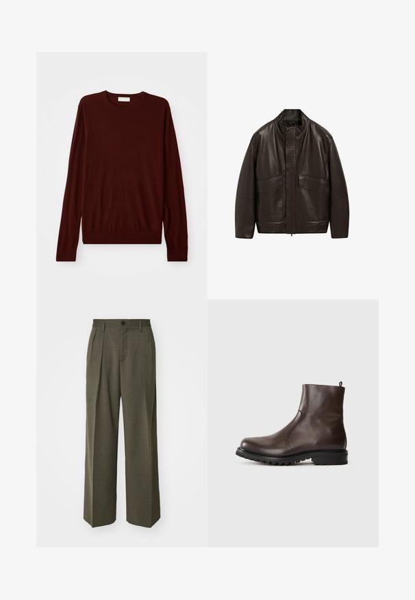 Braune Lederjacke mit hohem Kragen, Reißverschluss und zwei großen Fronttaschen; zeichnet sich durch eine glatte Textur und einen lässigen Schnitt aus.; Kastanienbrauner langärmeliger Rundhalsausschnitt-Pullover mit gerippten Bündchen und Saum, flach auf einem weißen Hintergrund ausgelegt.; Filippa K WIDE TROUSERS - Stoffhose - driftwood; Braune Leder-Stiefeletten mit glatter Textur, elastischen seitlichen Einsätzen, einer Schlaufe hinten und einer robusten Gummisohle.