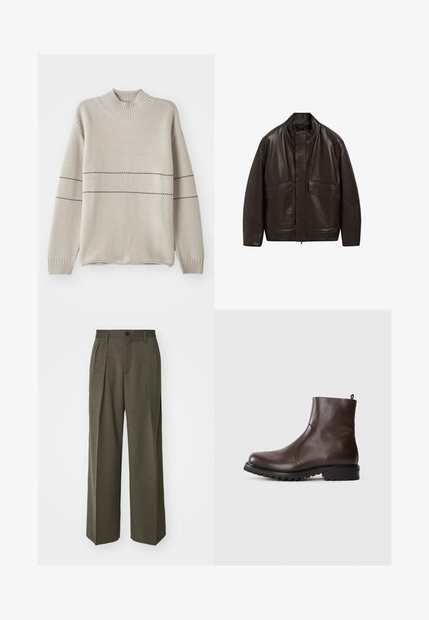 Hnědá kožená bunda s vysokým límcem, zipovým zapínáním a dvěma velkými předními kapsami; má hladkou texturu a volný střih.; Světlobéžový pletený svetr s vysokým žebrovaným límcem, s černými horizontálními pruhy, dlouhými rukávy a volným střihem.; Filippa K WIDE TROUSERS - Kalhoty - driftwood; Hnědé kožené kotníkové boty s hladkým povrchem, elastickými postranními panely, poutkem na zadní straně a robustní gumovou podrážkou.