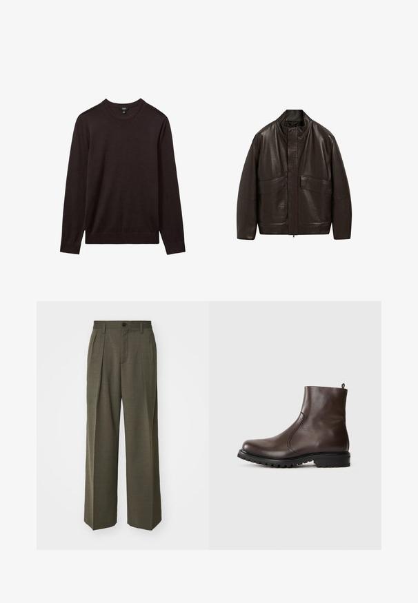 Brązowa skórzana kurtka z wysokim kołnierzem, zapięciem na zamek i dwiema dużymi kieszeniami z przodu; charakteryzuje się gładką fakturą i luźnym krojem.; Reiss - Sweter; Filippa K - Spodnie materiałowe; Brązowe skórzane botki za kostkę o gładkiej powierzchni, z elastycznymi bocznymi panelami, pętelką z tyłu oraz wytrzymałą gumową podeszwą.