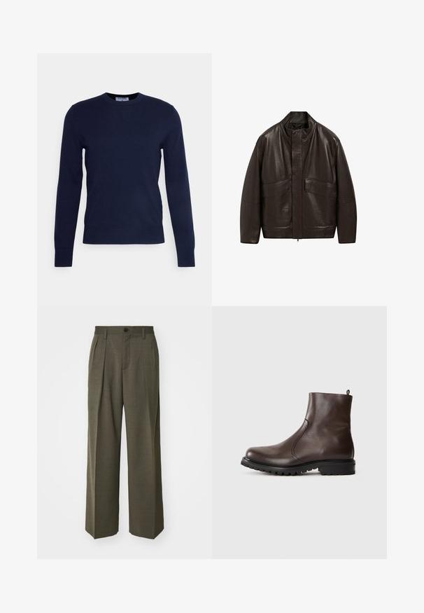 Brązowa skórzana kurtka z wysokim kołnierzem, zapięciem na zamek i dwiema dużymi kieszeniami z przodu; charakteryzuje się gładką fakturą i luźnym krojem.; Granatowy sweter z okrągłym dekoltem, wykonany z miękkiego materiału, z długimi rękawami i żeberkowym wykończeniem. Bez widocznych wzorów ani ozdób.; Filippa K - Spodnie materiałowe; Brązowe skórzane botki za kostkę o gładkiej powierzchni, z elastycznymi bocznymi panelami, pętelką z tyłu oraz wytrzymałą gumową podeszwą.