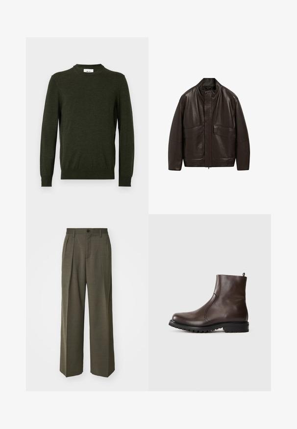 Braune Lederjacke mit hohem Kragen, Reißverschluss und zwei großen Fronttaschen; zeichnet sich durch eine glatte Textur und einen lässigen Schnitt aus.; Dunkelgrüner Pullover aus einem strukturierten Wollmix, mit Rundhalsausschnitt und langen Ärmeln, ribbelten Bündchen und Saum.; Filippa K WIDE TROUSERS - Stoffhose - driftwood; Braune Leder-Stiefeletten mit glatter Textur, elastischen seitlichen Einsätzen, einer Schlaufe hinten und einer robusten Gummisohle.