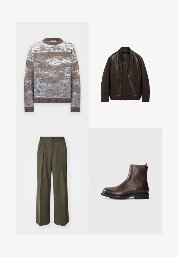 Brun läderjacka med hög krage, dragkedjestängning och två stora framfickor; har en slät yta och en avslappnad passform.; Stickad tröja med ett mönster i flera färger i bruna och blå nyanser. Rund halsringning med ribbade muddar och fåll. Mjuk textur.; Filippa K WIDE TROUSERS - Tygbyxor - driftwood; Brun läderankelboot med en slät yta, elastiska sidopaneler, dragflik bak och en robust gummisula.