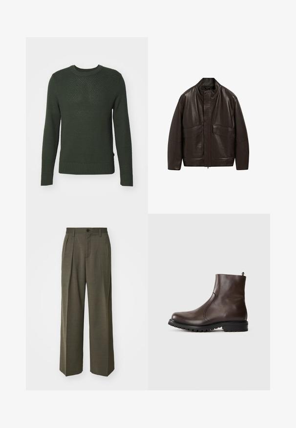 Bruine leren jas met een hoge kraag, ritssluiting en twee grote zijzakken; heeft een gladde textuur en een ontspannen pasvorm.; J.LINDEBERG OLIVER STRUCTURE - Trui - forest green; Filippa K WIDE TROUSERS - Broek - driftwood; Bruine leren enkelboot met een gladde textuur, elastische zijpanelen, een trekband aan de achterkant en een robuuste rubberen zool.