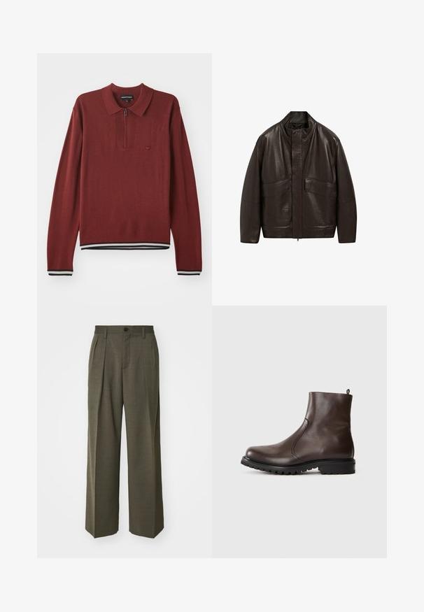 Braune Lederjacke mit hohem Kragen, Reißverschluss und zwei großen Fronttaschen; zeichnet sich durch eine glatte Textur und einen lässigen Schnitt aus.; Bordeauxrotes Langarm-Polohemd mit Reißverschlusskragen, ausgestattet mit geripptem Saum und Bündchen in Marineblau und Weiß, aus weichem Stoff gefertigt.; Filippa K WIDE TROUSERS - Stoffhose - driftwood; Braune Leder-Stiefeletten mit glatter Textur, elastischen seitlichen Einsätzen, einer Schlaufe hinten und einer robusten Gummisohle.