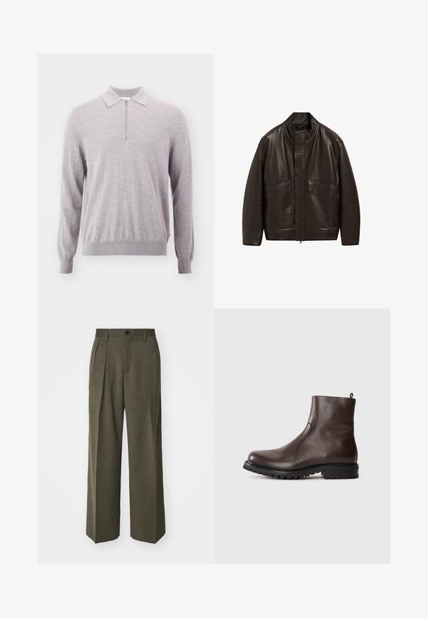 Bruine leren jas met een hoge kraag, ritssluiting en twee grote zijzakken; heeft een gladde textuur en een ontspannen pasvorm.; Lichtgrijze gebreide pullover met een ritssluiting aan de hals, lange mouwen, en geribbelde boorden en zoom. Zachte textuur, ontspannen pasvorm en minimalistisch ontwerp.; Filippa K WIDE TROUSERS - Broek - driftwood; Bruine leren enkelboot met een gladde textuur, elastische zijpanelen, een trekband aan de achterkant en een robuuste rubberen zool.