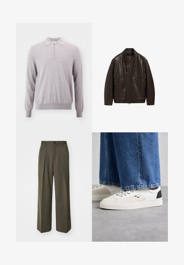 Brown leather jacket with a high collar, zip closure, and two large front pockets; features a smooth texture and relaxed fit design.; Light gray knit pullover with a zip neck, long sleeves, ribbed cuffs and hem. Soft texture, relaxed fit, and minimalistic design.; Filippa K WIDE TROUSERS - Trousers - driftwood; White and black sneakers with a smooth leather upper, textured accents, and a chunky white sole. Features a classic lace-up design.