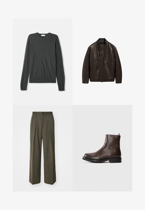 Brun läderjacka med hög krage, dragkedjestängning och två stora framfickor; har en slät yta och en avslappnad passform.; Mörkgrå långärmad stickad tröja med rund halsringning, åtsittande ärmslut och ribbat avslut. Slät textur utan synliga mönster eller dekorationer.; Filippa K WIDE TROUSERS - Tygbyxor - driftwood; Brun läderankelboot med en slät yta, elastiska sidopaneler, dragflik bak och en robust gummisula.