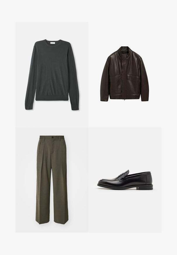 Hnědá kožená bunda s vysokým límcem, zipovým zapínáním a dvěma velkými předními kapsami; má hladkou texturu a volný střih.; Tmavě šedý pletený svetr s dlouhými rukávy, kulatým výstřihem, přiléhavými manžetami a žebrovaným lemem. Hladká textura bez viditelných vzorů nebo ozdob.; Filippa K WIDE TROUSERS - Kalhoty - driftwood; Černé kožené polobotky s hladkou texturou, zaoblenou špičkou a zdobným páskem přes nárt. Nízký stohovaný podpatek, minimalistický design.
