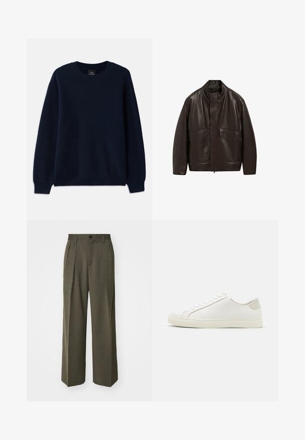 Brown leather jacket with a high collar, zip closure, and two large front pockets; features a smooth texture and relaxed fit design.; Navy blue ribbed sweater with a round neckline and long sleeves. Features a textured pattern throughout the fabric.; Filippa K WIDE TROUSERS - Trousers - driftwood; White leather sneaker with a smooth surface, round toe, and minimalistic design. Features beige accents on the heel and a rubber sole.